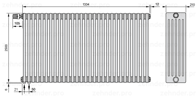 Схема (чертеж) Радиатор Zehnder Charleston 6250/29 №V001 Белый глянцевый RAL 9016